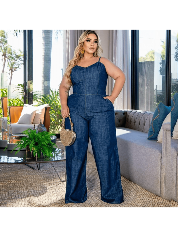 Macacão Jeans Plus Size Pantalona